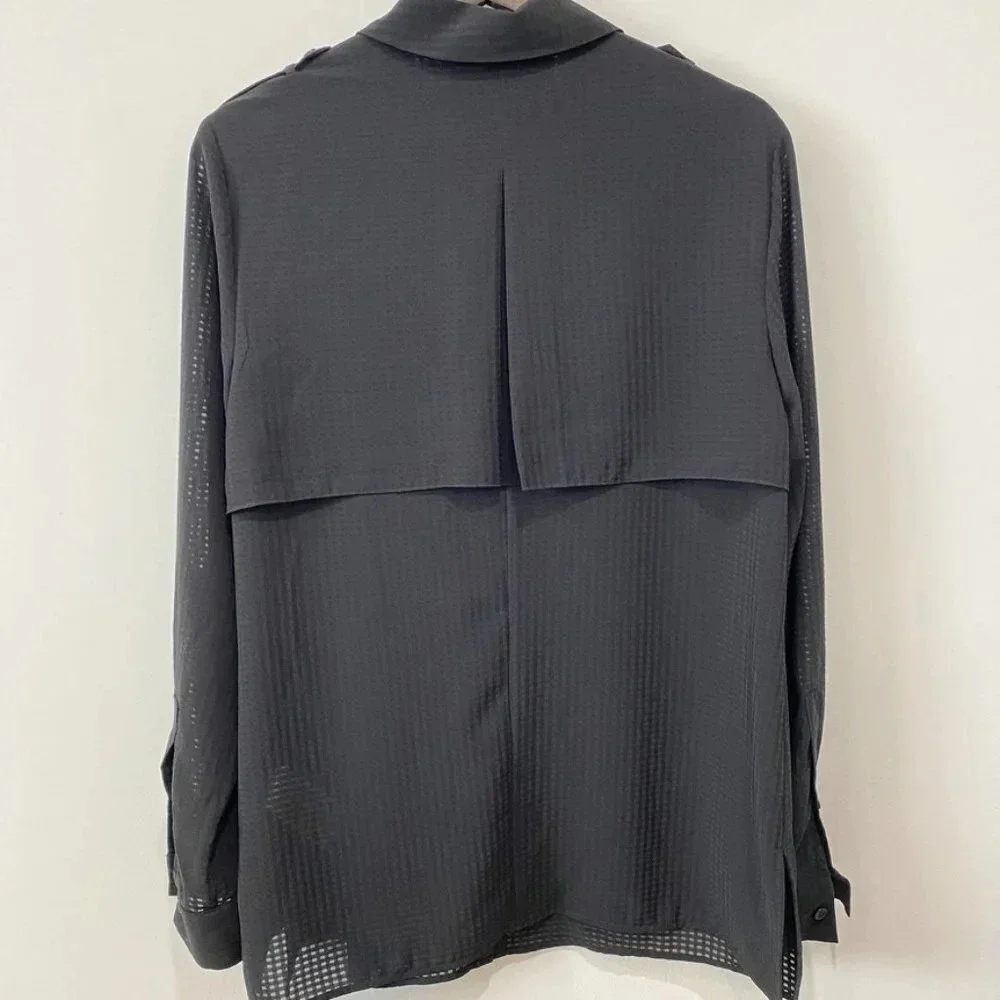 DKNY M Sheer Checkered Flowy Black Blouse with Collar Androgynous Sporty